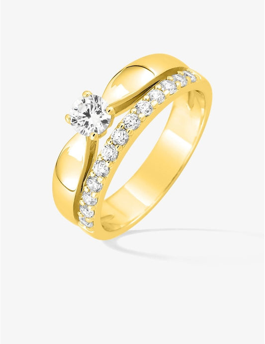 Bague solitaire plaqué or jaune à deux étages – Éclat et raffinement intemporel