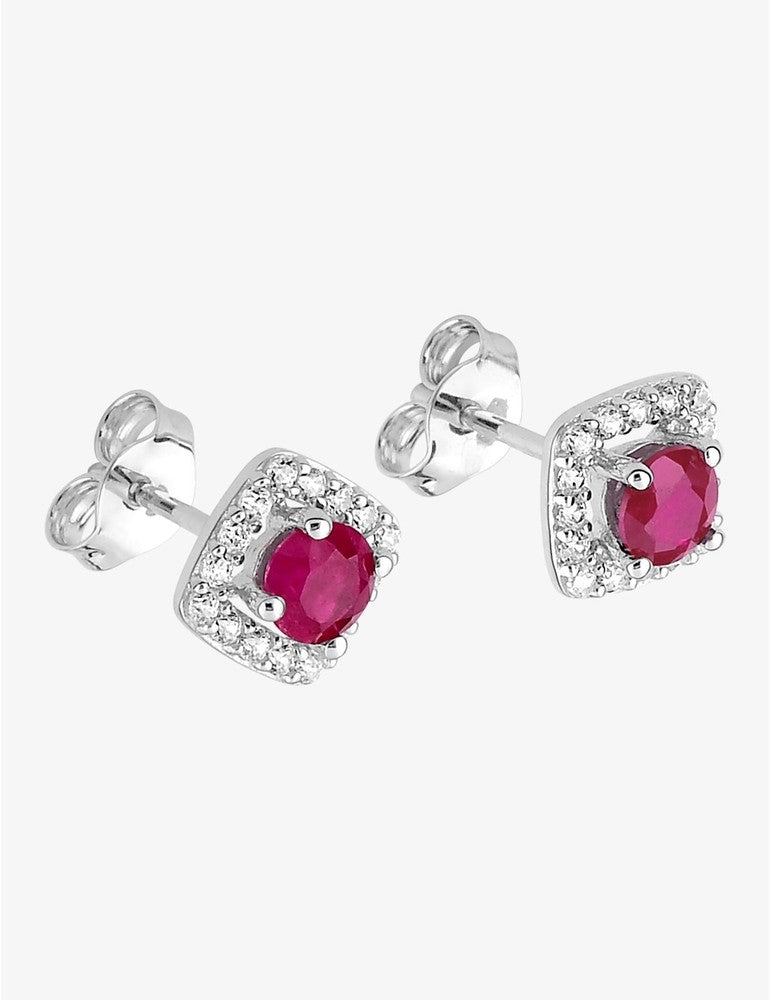 Boucles d'oreilles carré or blanc 375 ‰, oxydes de zirconium et rubis