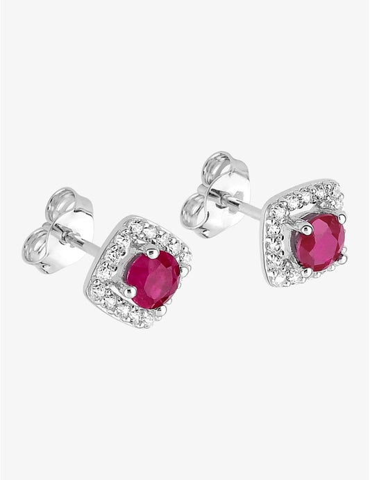 Boucles d'oreilles carré or blanc 375 ‰, oxydes de zirconium et rubis