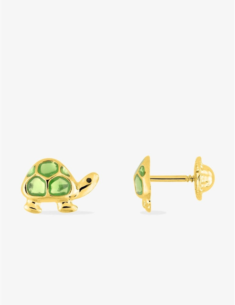 Boucles d’Oreilles Tortue Vert Émail Laqué en Or Jaune 750‰ – Système Vis Sécurisé