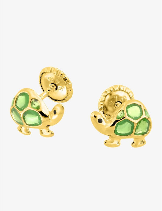 Boucles d’Oreilles Tortue Vert Émail Laqué en Or Jaune 750‰ – Système Vis Sécurisé