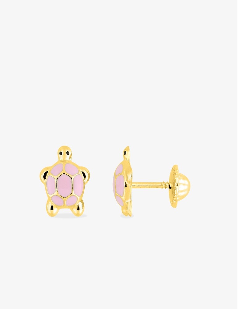 Boucles d’Oreilles Tortue Rose en Or Jaune 750‰ – Émail Laqué & Système Vis