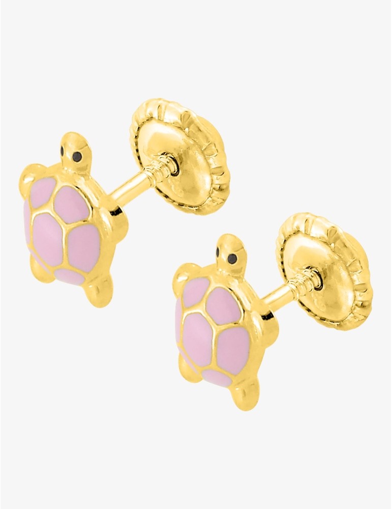 Boucles d’Oreilles Tortue Rose en Or Jaune 750‰ – Émail Laqué & Système Vis