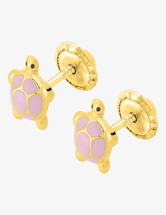 Boucles d’Oreilles Tortue Rose en Or Jaune 750‰ – Émail Laqué & Système Vis