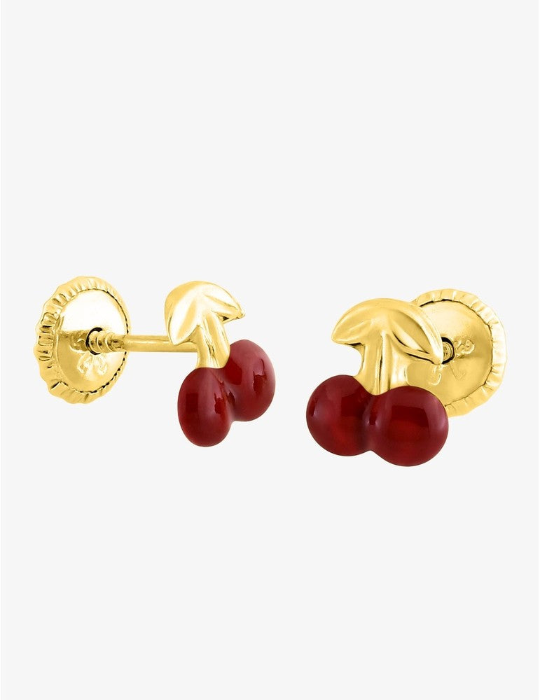 Boucles d’Oreilles Cerise en Or Jaune 750‰ – Laque Rouge & Fermoir Vis