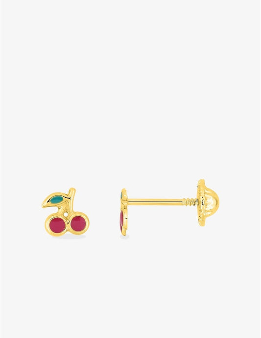 Paire de Boucles d'Oreilles Cerises en Or 375/1000 avec Lac Rouge et Verte – 0.25g