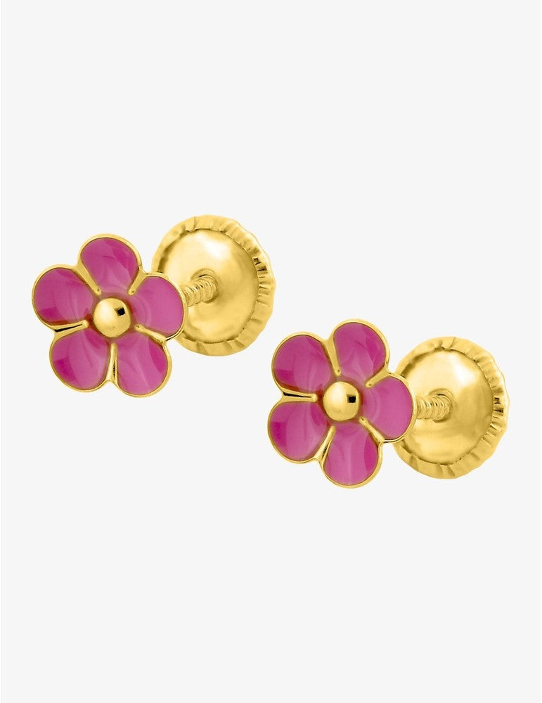 Boucles d’Oreilles Fleur Laque Rose en Or Jaune 750‰ – Système Vis