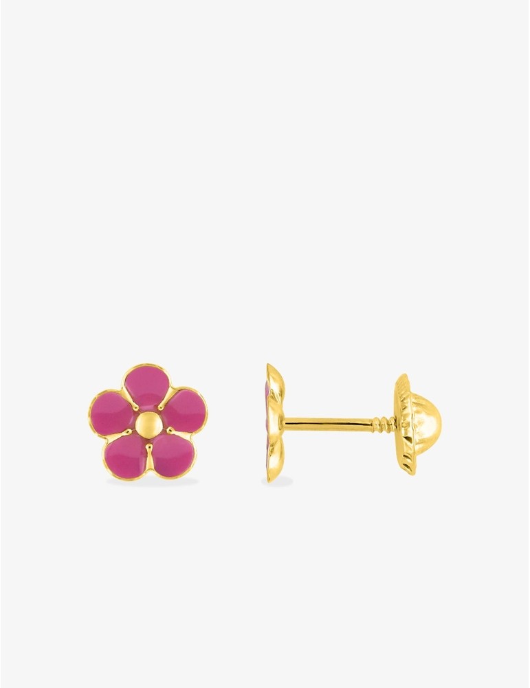Boucles d’Oreilles Fleur Laque Rose en Or Jaune 750‰ – Système Vis