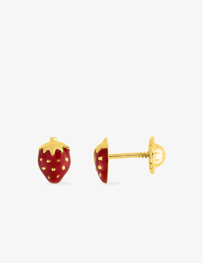 Boucles d’Oreilles Fraise en Or Jaune 750‰ – Laque Rouge & Fermoir Vis