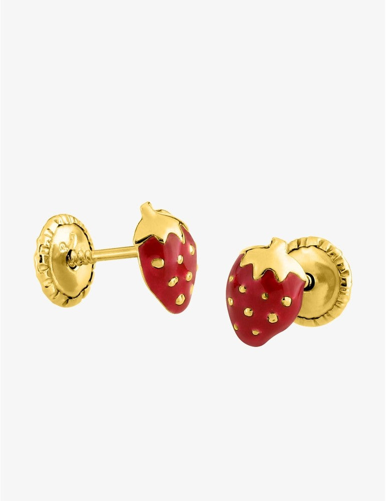 Boucles d’Oreilles Fraise en Or Jaune 750‰ – Laque Rouge & Fermoir Vis