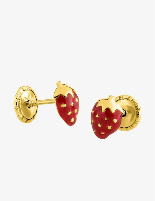 Boucles d’Oreilles Fraise en Or Jaune 750‰ – Laque Rouge & Fermoir Vis