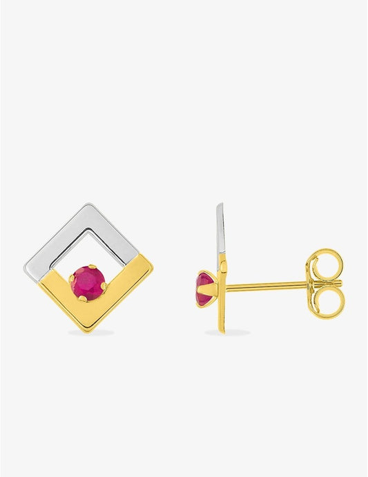 Boucles d'oreilles clous or jaune 375 ‰, rhodium et rubis
