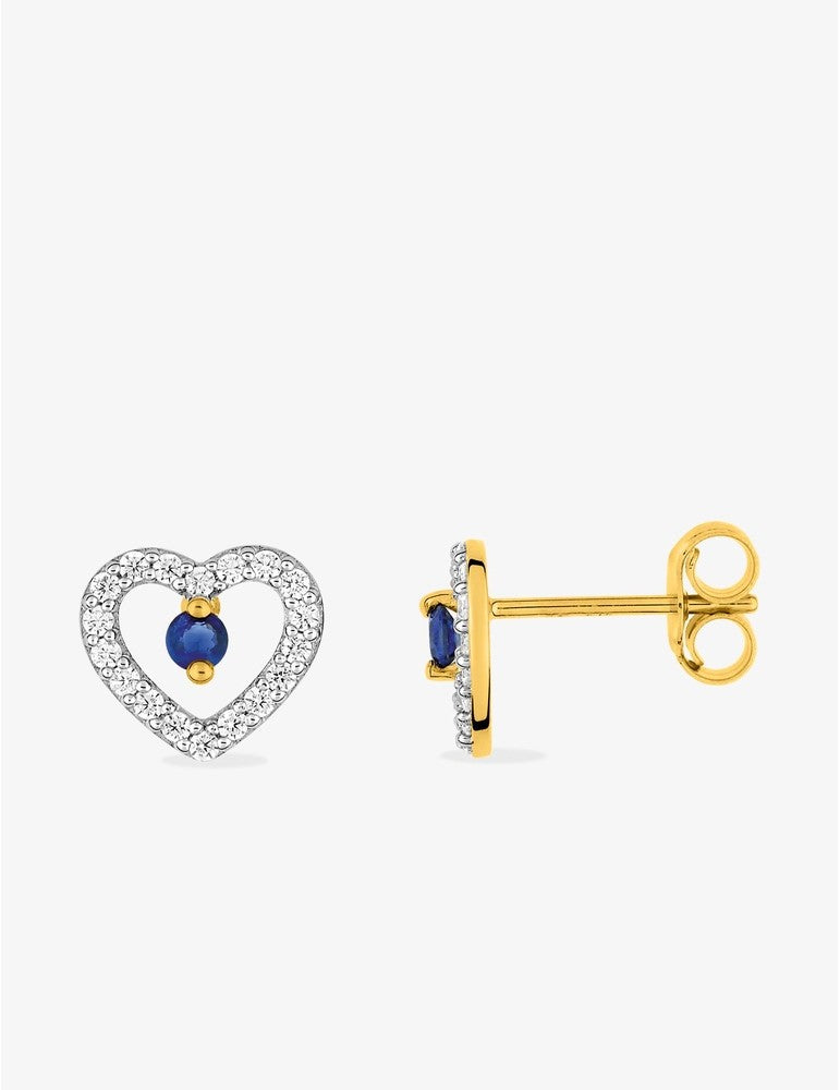 Boucles d'Oreilles Cœur Or 375‰ avec Saphir et Oxyde de Zirconium