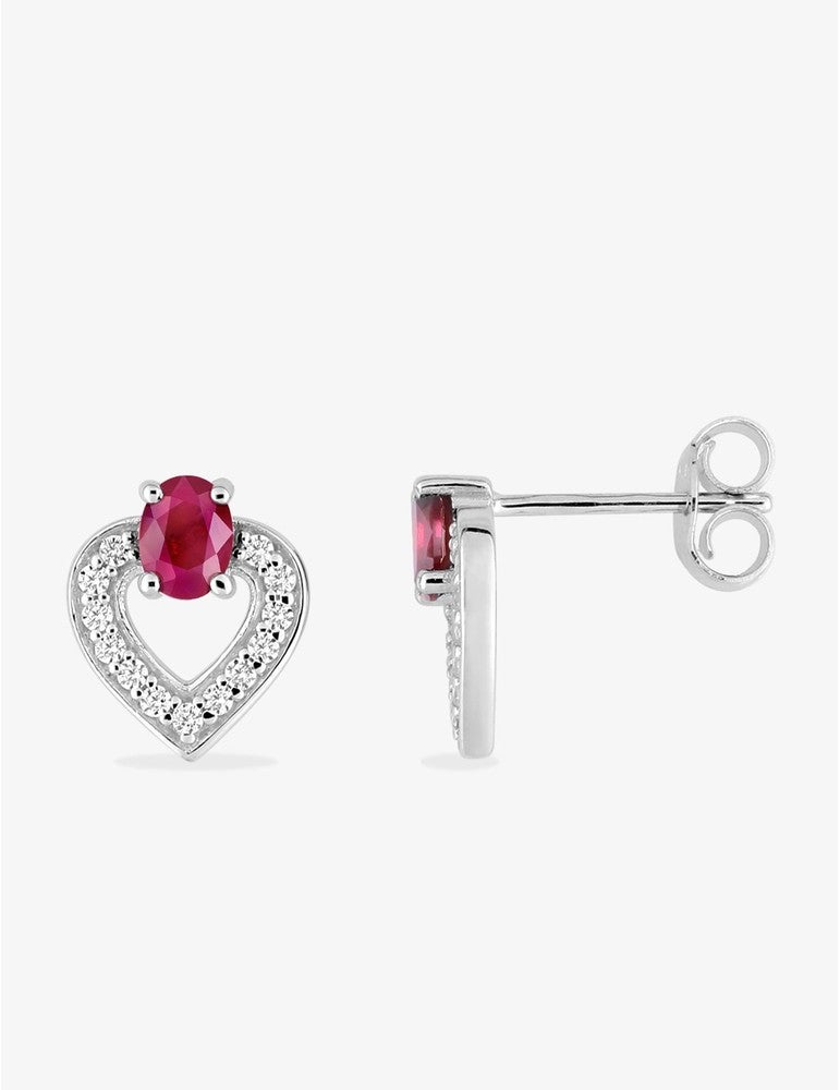 Boucles d'oreilles cœur or blanc 375 ‰, oxydes de zirconium et rubis