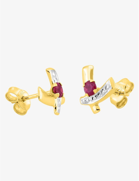 Boucles d'oreilles croix bicolore or jaune 375 ‰, rhodium et rubis