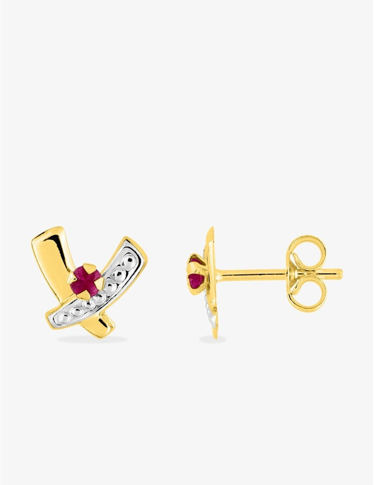 Boucles d'oreilles croix bicolore or jaune 375 ‰, rhodium et rubis