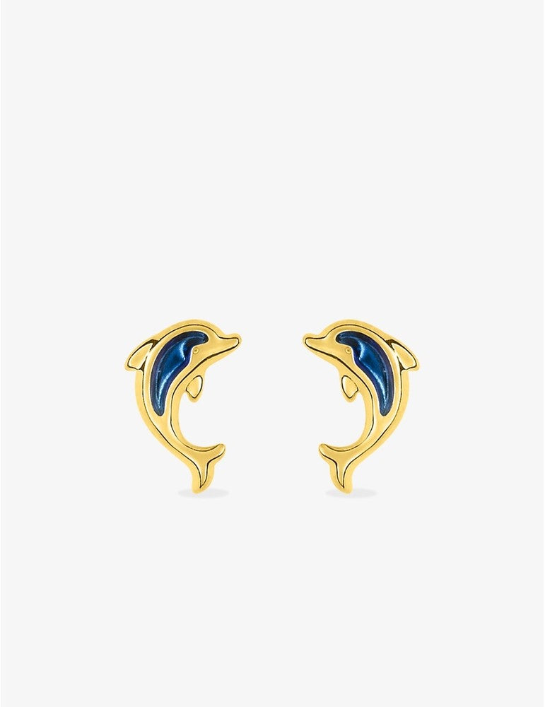 Boucles d’Oreilles Enfant Dauphin Laqué Bleu en Or 375/1000e – 0.25g