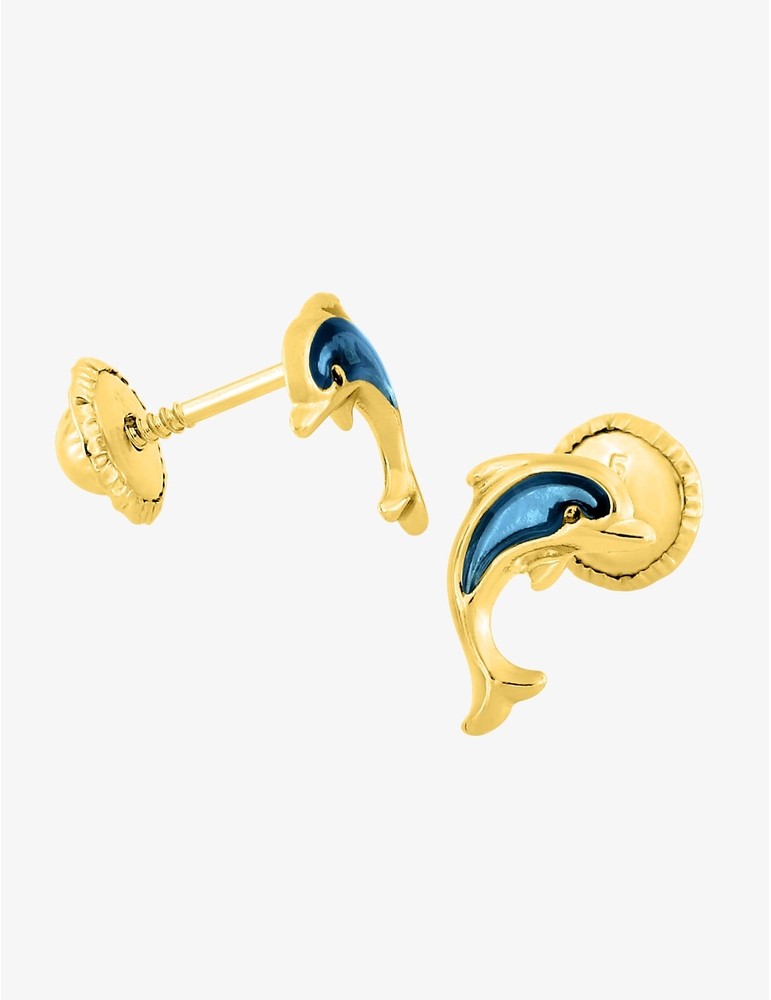 Boucles d’Oreilles Enfant Dauphin Laqué Bleu en Or 375/1000e – 0.25g