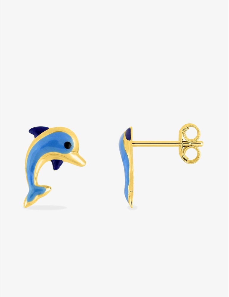 Boucles d’Oreilles Dauphin Bleu en Or Jaune 750‰ – Laque & Fermoir Poussette