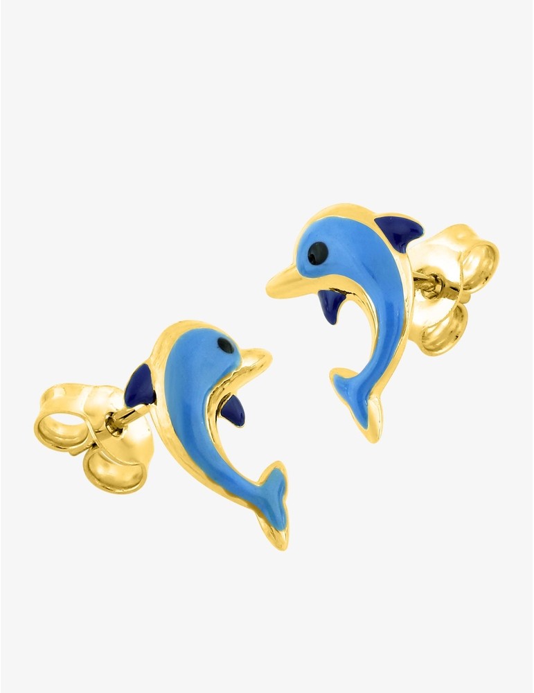 Boucles d’Oreilles Dauphin Bleu en Or Jaune 750‰ – Laque & Fermoir Poussette