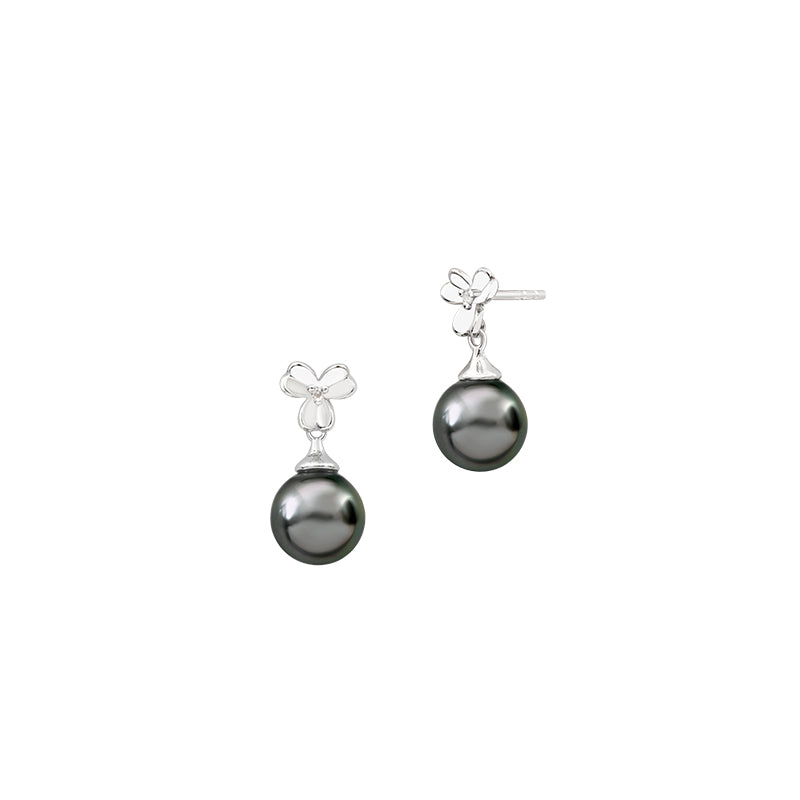Boucles d’Oreilles Pendantes Flore Femme en Argent Rhodié, Perles de Tahiti et Diamants – Iza-B