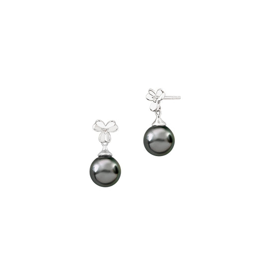 Boucles d’Oreilles Pendantes Flore Femme en Argent Rhodié, Perles de Tahiti et Diamants – Iza-B