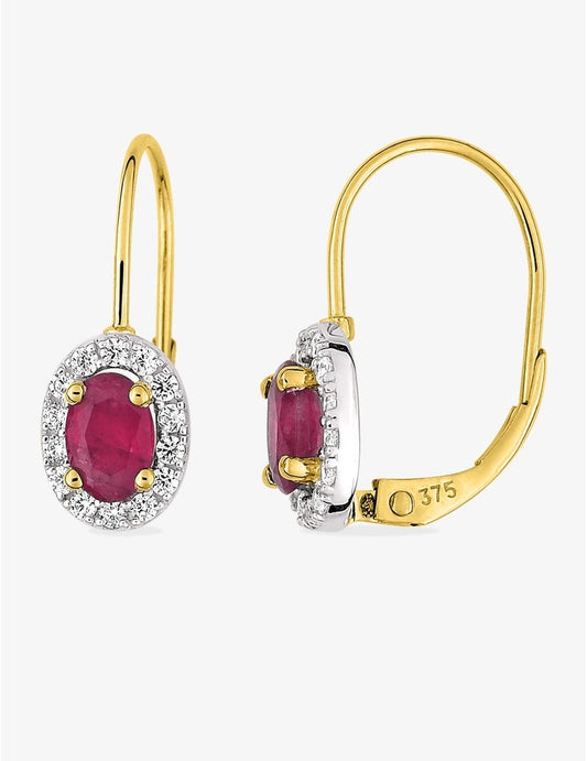 Boucles d’Oreilles Dormeuses Or Jaune 9K, Rubis & Zirconium