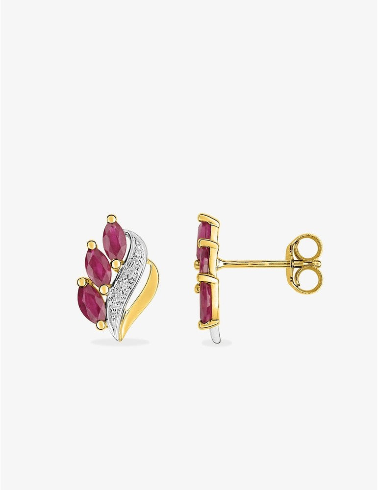 Boucles d'oreilles or jaune 375 ‰, rubis et rhodium
