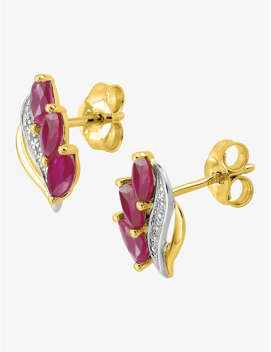 Boucles d'oreilles or jaune 375 ‰, rubis et rhodium