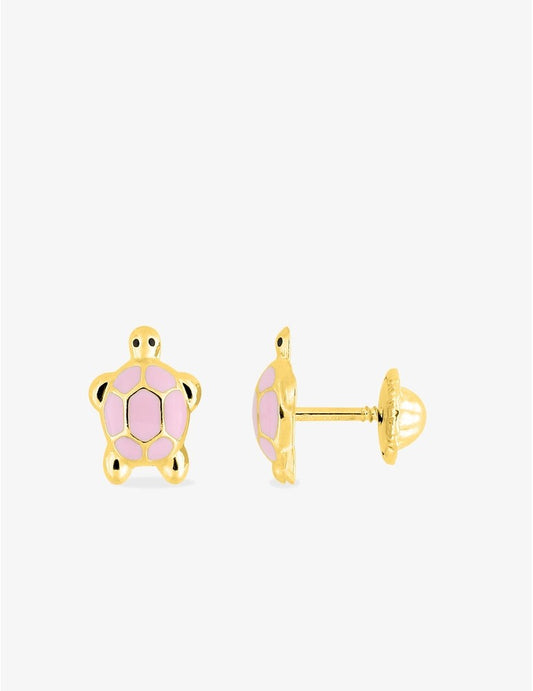 Boucles d’Oreilles Enfant Tortue Rose en Or 375 – Système Poussette Belge – 0.30g