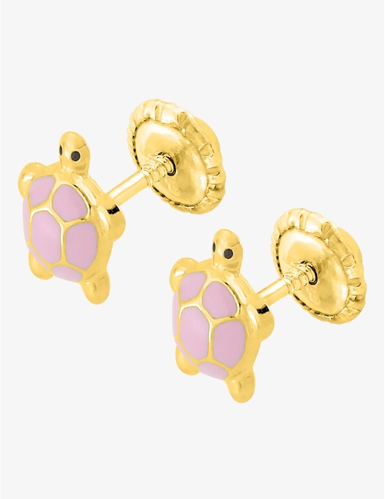 Boucles d’Oreilles Enfant Tortue Rose en Or 375 – Système Poussette Belge – 0.30g