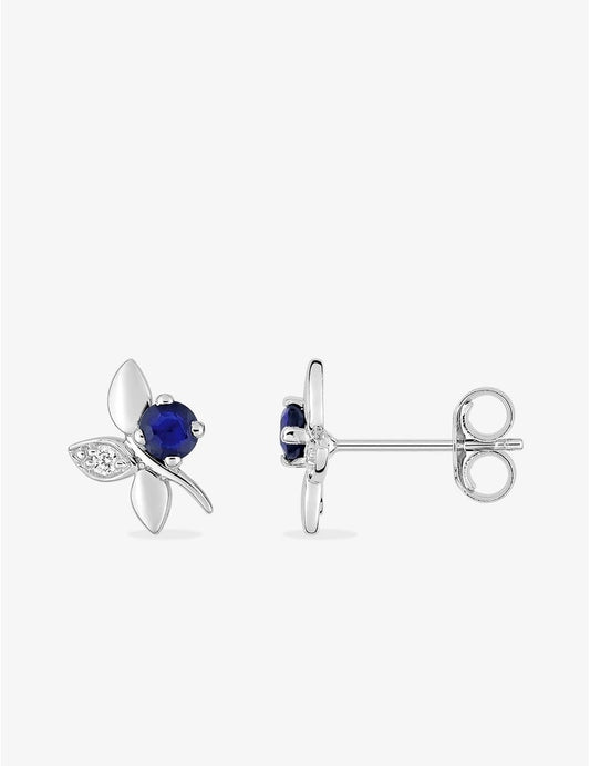 Boucles d’Oreilles Fleur Or Blanc 9K, Saphir & Zirconium