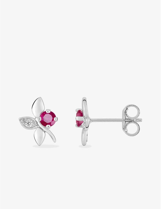 Boucles d'oreilles fleurs or blanc 375‰ avec rubis et oxydes de zirconium