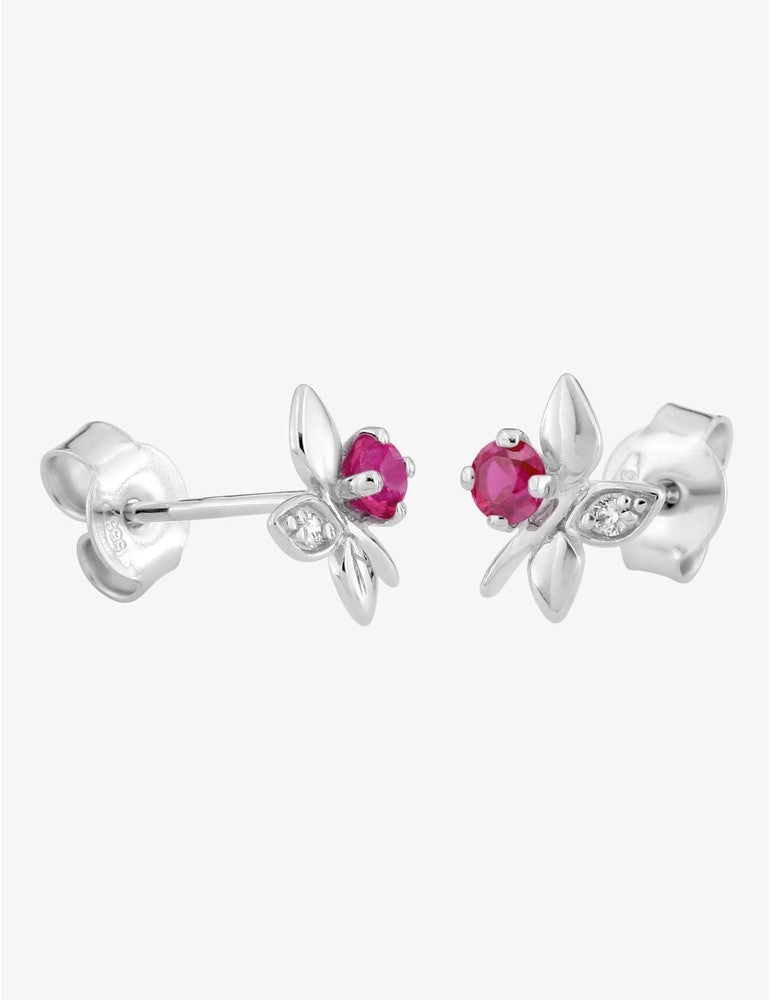 Boucles d'oreilles fleurs or blanc 375‰ avec rubis et oxydes de zirconium