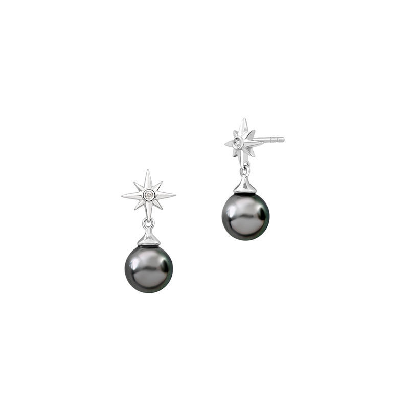 Boucles d’Oreilles Pendantes Archipel Femme en Argent Rhodié, Perles de Tahiti et Diamants – Iza-B