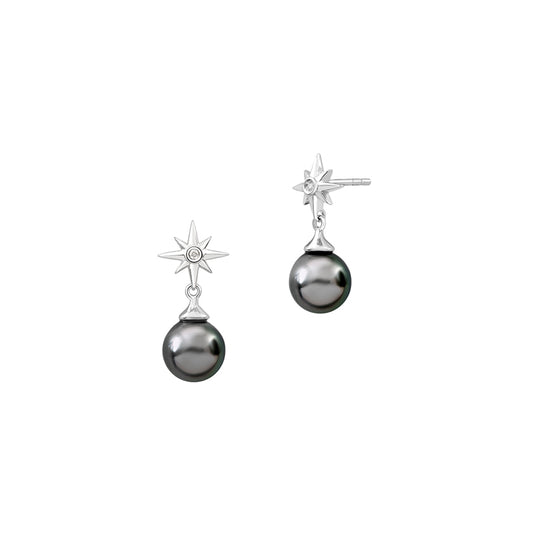 Boucles d’Oreilles Pendantes Archipel Femme en Argent Rhodié, Perles de Tahiti et Diamants – Iza-B
