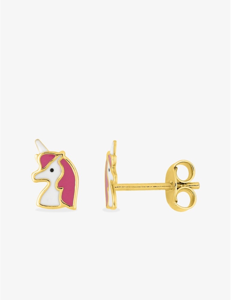 Boucles d’Oreilles Licorne Mauve en Or Jaune 750‰ – Laque & Système Vis