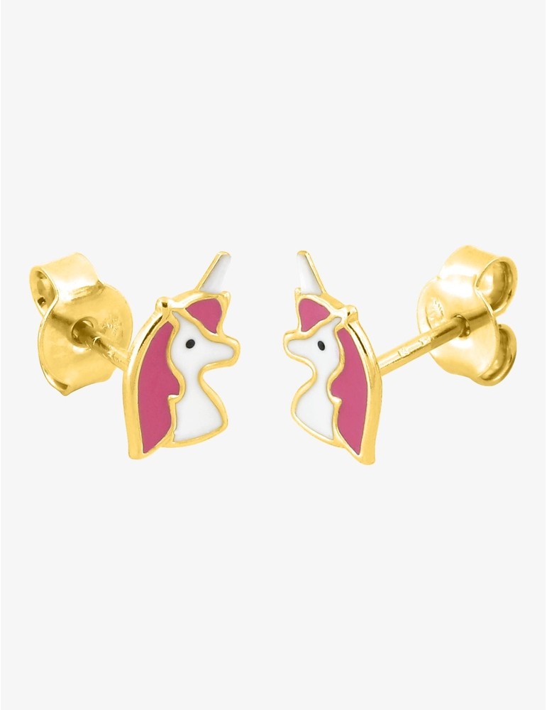 Boucles d’Oreilles Licorne Mauve en Or Jaune 750‰ – Laque & Système Vis