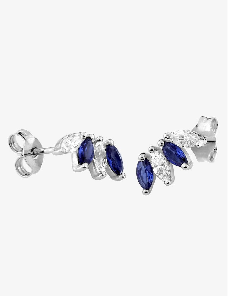 Boucles d’Oreilles Or Blanc 9K, Saphir & Zirconium  Design Éventail