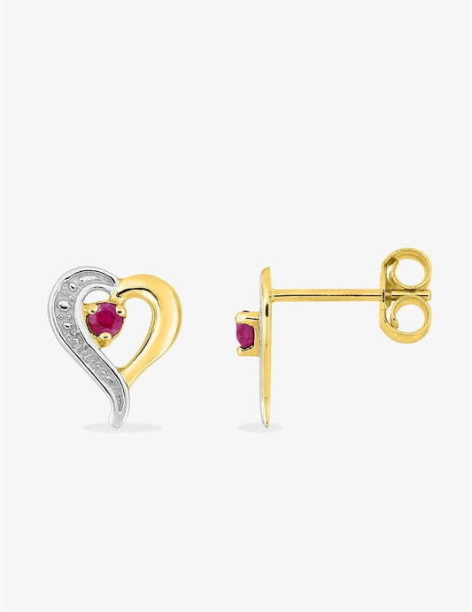 Boucles d'Oreilles Or Jaune 375‰ en Forme de Cœur avec Rubis