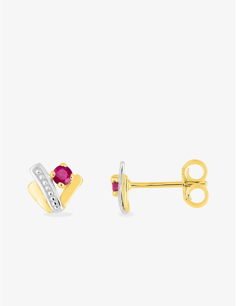 Boucles d'oreilles or jaune 375 ‰, rhodium et rubis serti griffes