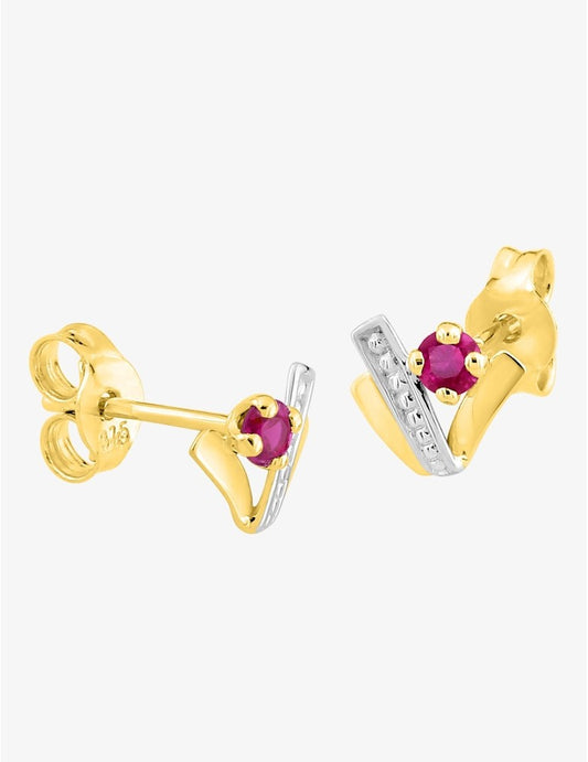 Boucles d'oreilles or jaune 375 ‰, rhodium et rubis serti griffes