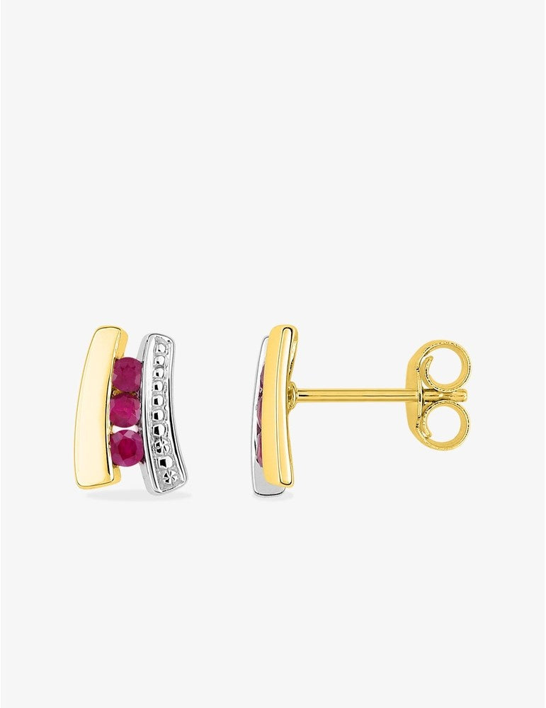 Boucles d'oreilles or jaune 375 ‰, rhodium et trilogie de rubis