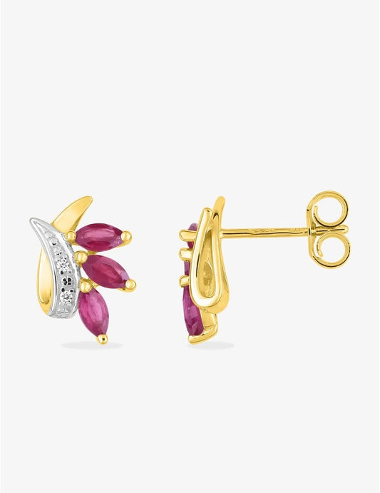 Boucles d'oreilles or jaune 375 ‰, rhodium, rubis et oxyde de zirconium