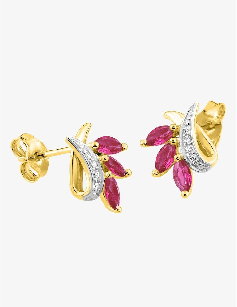 Boucles d'oreilles or jaune 375 ‰, rhodium, rubis et oxyde de zirconium
