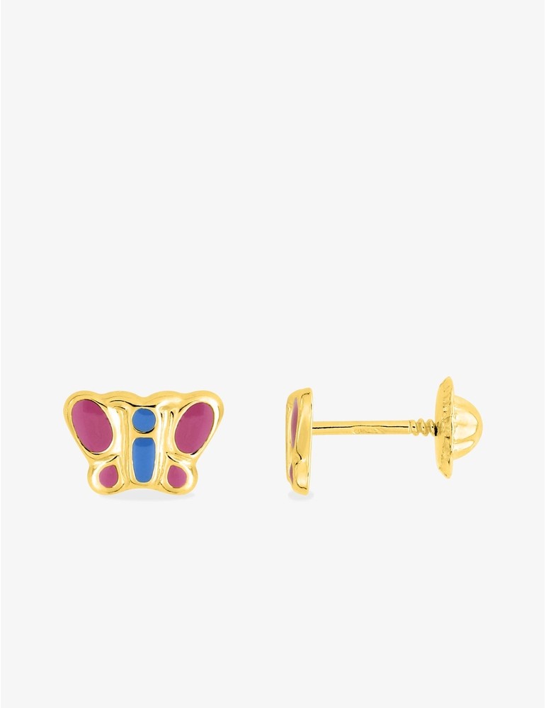 Boucles d’Oreilles Papillon Rose et Bleu en Or Jaune 750‰ – Laque & Système Vis