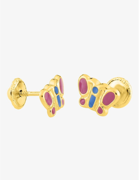 Boucles d’Oreilles Papillon Rose et Bleu en Or Jaune 750‰ – Laque & Système Vis