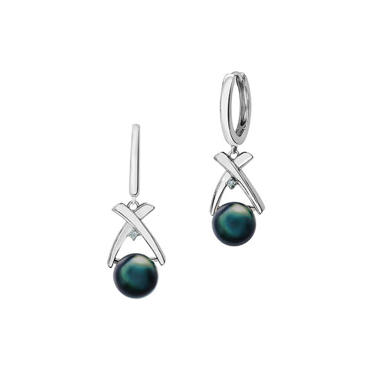 Boucles d’Oreilles Pendantes Archipel Femme en Argent Rhodié, Perles de Tahiti et Diamants – Iza-B