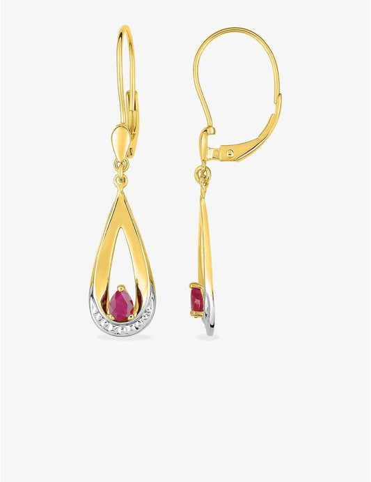 Boucles d'Oreilles Pendantes Or Jaune 9K, Rubis Poire & Finition Rhodium