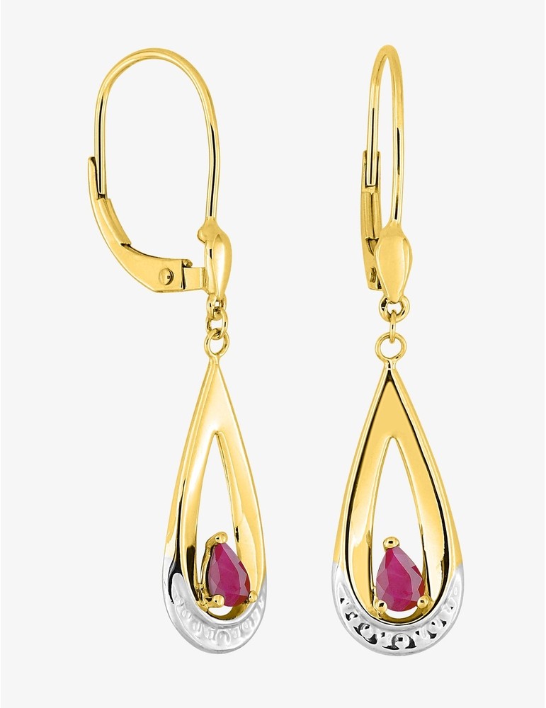 Boucles d'Oreilles Pendantes Or Jaune 9K, Rubis Poire & Finition Rhodium